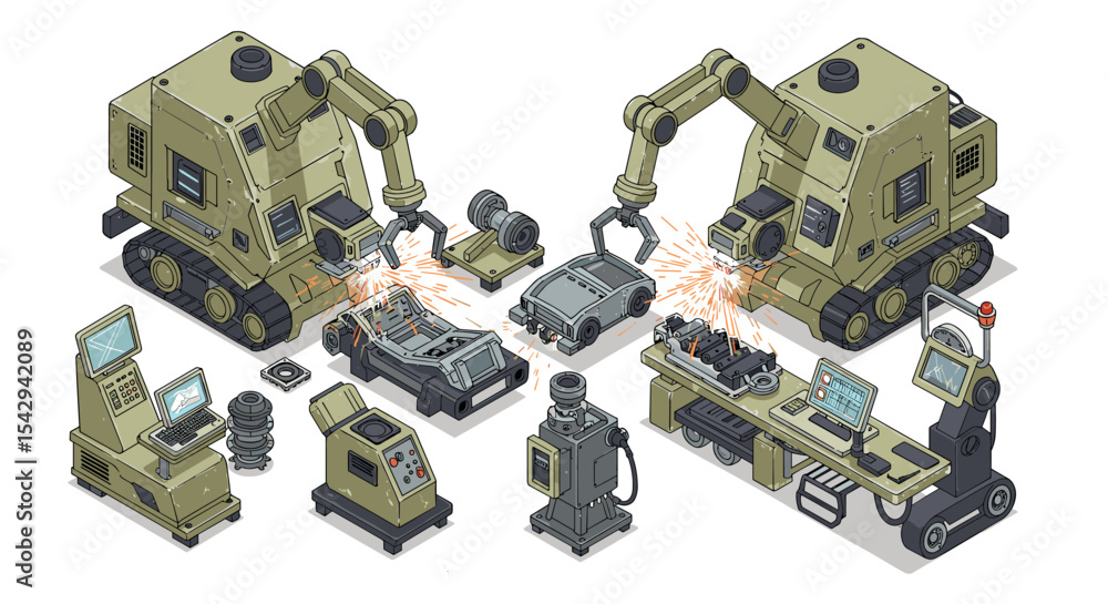 Poster robotic manufacturing process with industrial machines and automation technology for assembly line d