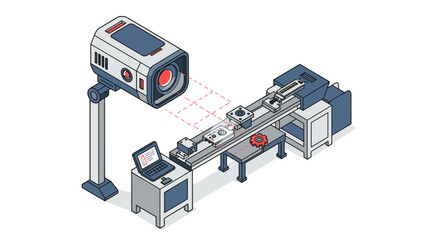 Obraz premium Industrial automation with advanced laser technology and conveyor system vector illustration isometric