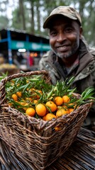 Farmer smiling, citrus basket, market, forest