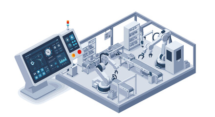 Obraz premium Automated manufacturing technology concept with robotics and control system for industrial innovation vector illustration isometric