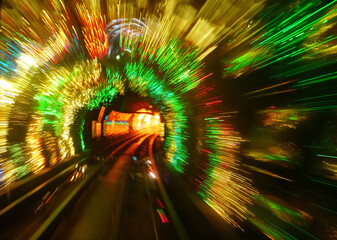 Abstract motion blur image of colorful laser tunnel. The Bund Sightseeing Tunnel Shanghai.