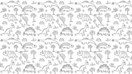 Seamless pattern with dinosaurs and trees in black and white coloring page for kids and adults © Decent Discoveries