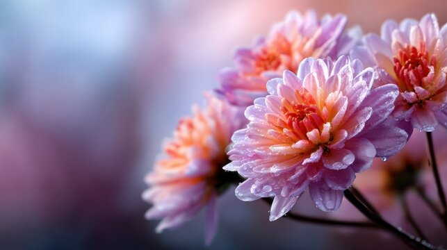 This vibrant arrangement of elegant pink dahlias highlights their intricate petals, adorned with delicate dew drops, creating a refreshing, enchanting visual experience. - Powered by Adobe