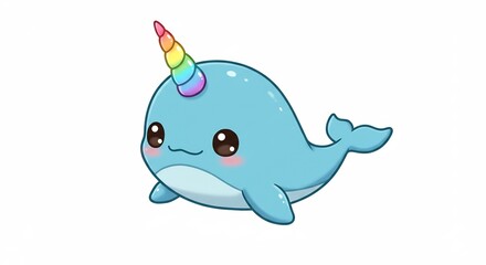 虹色角を持つ可愛いイルカ 幸せな水彩画風イラスト. AI Generated