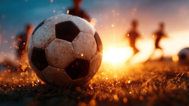 A worn-out soccer ball rests on a grassy field against a dramatic sunset backdrop, capturing the essence of sports and outdoor activities in a visually striking moment.