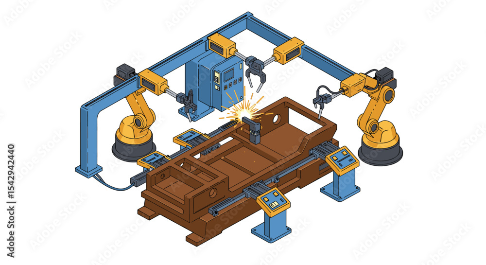 Poster robotic arm welding process in automated factory for industrial engineering and technology applicati