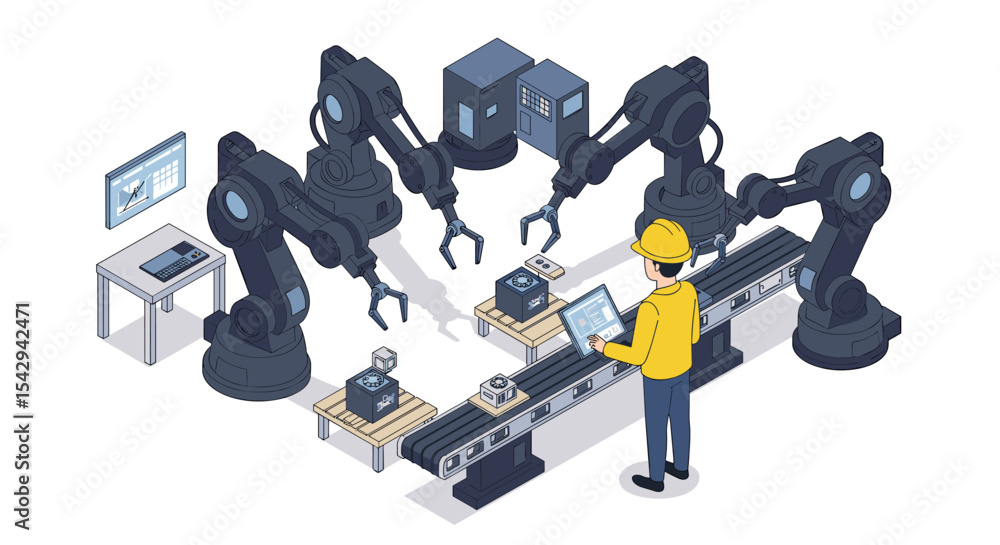 Poster automated manufacturing process with robotic arms in factory setting for industrial innovation conce