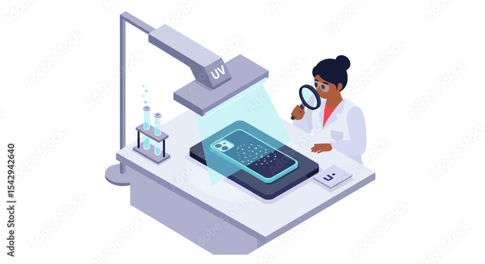 Poster scientist analyzing smartphone under uv light in laboratory setting for technology research vector i