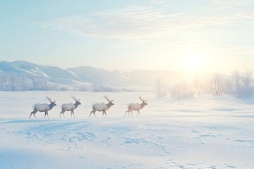 Deer leisurely walking in the winter snow