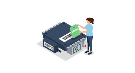 Isometric illustration of woman approving process on large microchip for digital authorization concept vector illustration