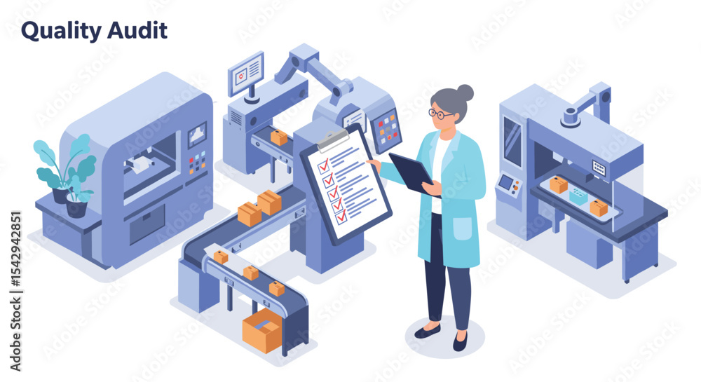Poster quality control process in modern manufacturing with automation technology integration vector illust