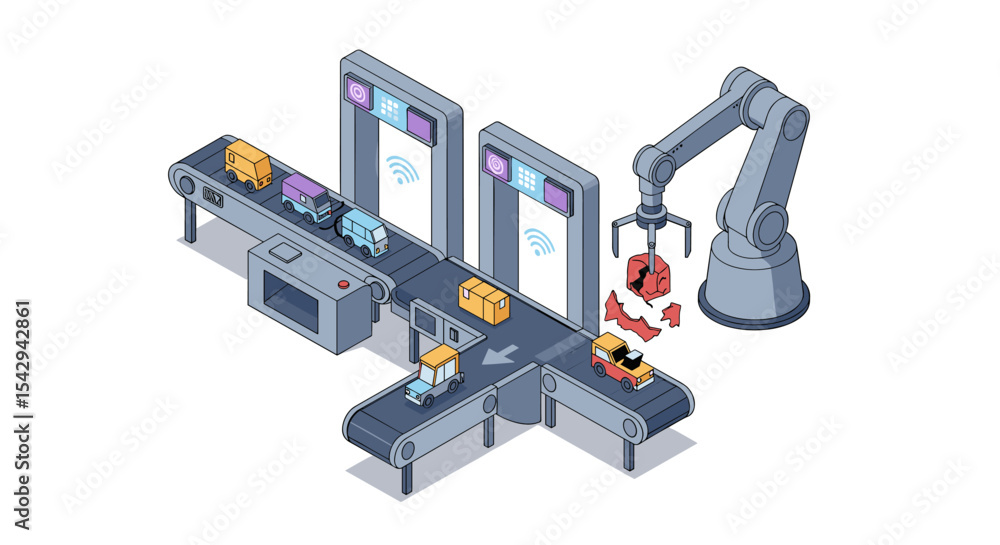 Aufkleber automated warehouse concept with conveyor belt and robotic arm for parcel sorting and delivery vecto