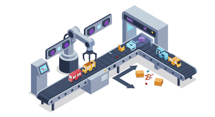 Obraz premium Automated production line with robotic arm and conveyor belt for modern manufacturing vector illustration