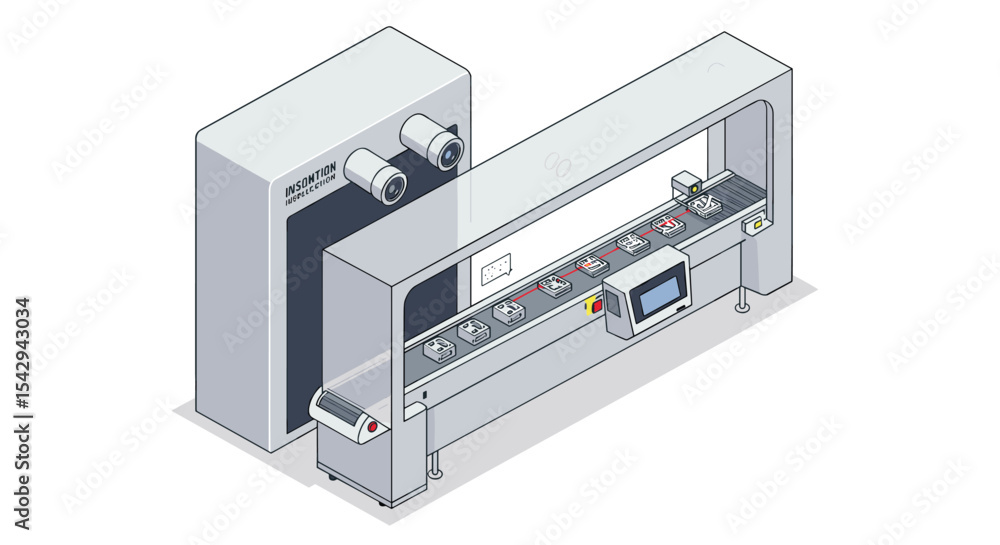 Poster automated assembly line for electronic devices with conveyor and control panel vector illustration