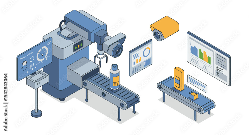 Aufkleber automation in modern manufacturing with robotic assembly and conveyor systems vector illustration