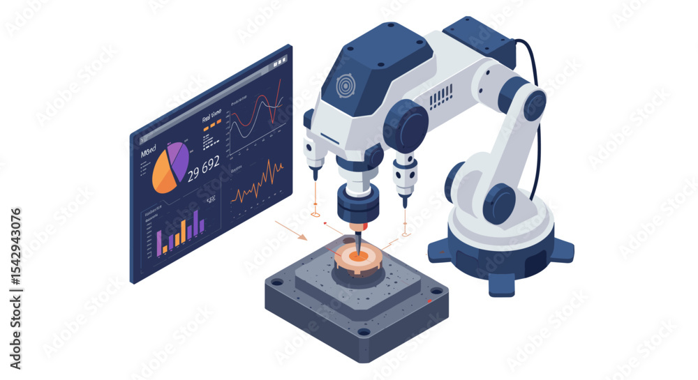 Poster advanced robotic precision in industrial manufacturing with data analytics interface vector illustra