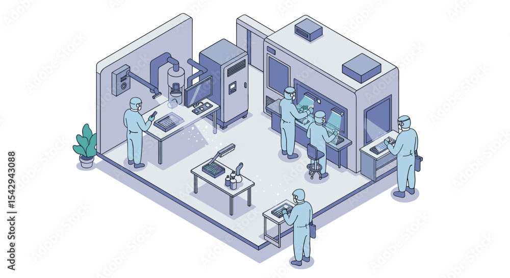 Poster cleanroom laboratory with scientists conducting research and quality control procedures vector illus