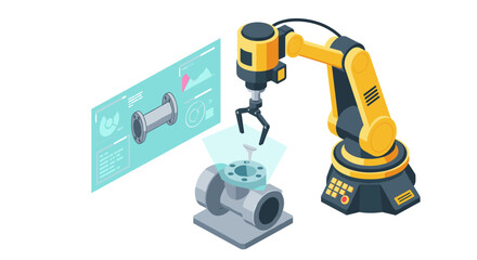 Futuristic robotic arm manufacturing process with digital interface display vector illustration