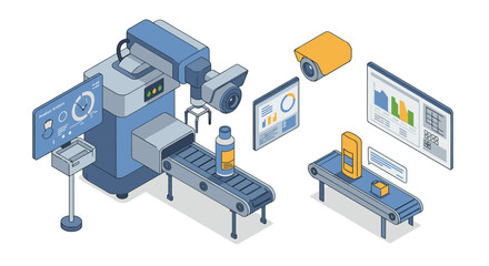 Automation in modern manufacturing with robotic assembly and conveyor systems vector illustration