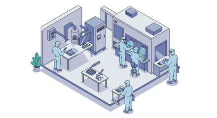 Obraz premium Cleanroom laboratory with scientists conducting research and quality control procedures vector illustration