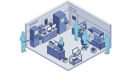 Obraz premium Modern laboratory scene with scientists working in a cleanroom environment for scientific research vector illustration