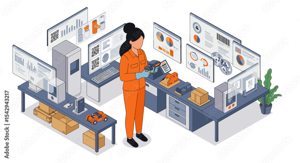 Aufkleber advanced manufacturing technology and data analysis in modern factory setting vector illustration