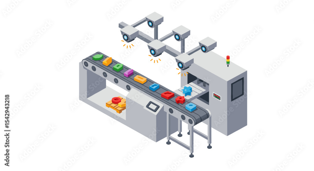 Aufkleber automated quality control process in a modern manufacturing factory conveyor system vector illustrat