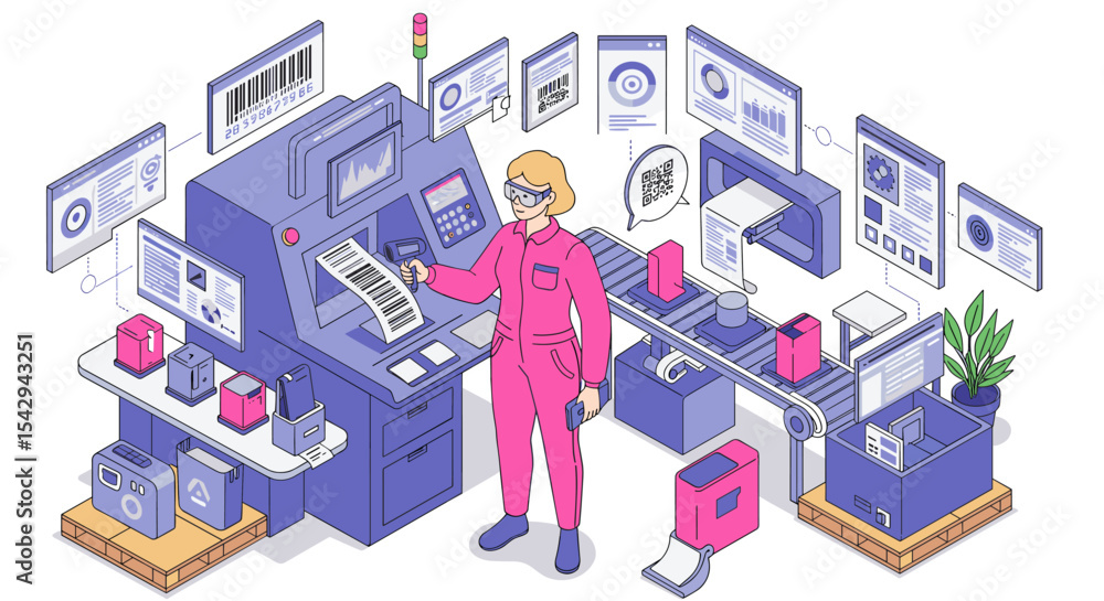 Poster modern factory automation with barcode scanning and quality control in production process vector ill