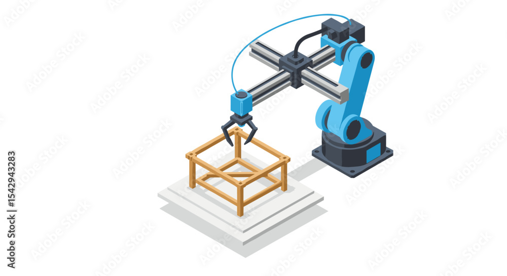 Aufkleber robotic arm assembling a wooden structure on construction platform in isometric design vector illust