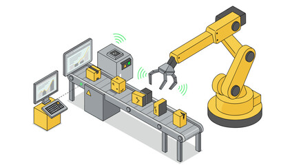 Automated robotic arm in modern packaging line for efficient manufacturing vector illustration