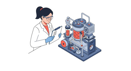 Scientist analyzing chemical reactions in a laboratory with equipment for research and development vector illustration