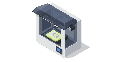 Modern 3d printer in action creating prototype design on white background vector illustration