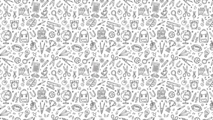 A seamless pattern with various school supplies and educational objects in black and white style