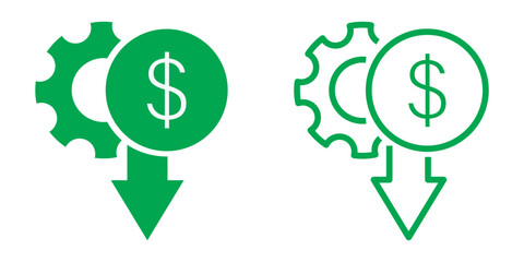 Dollar rate decrease vector line icon. Money symbol with down arrow. Lower cost icon. Financial crisis vector icon, Lower cost icon, Business lost crisis decrease vector illustration. Dollar down icon