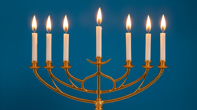 A Hanukkah card featuring a golden menorah with all nine candles lit, symbolizing the eight nights of Hanukkah plus the shamash