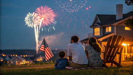 Family child fireworks American flag evening outdoor celebration summer. Kid celebrating 4th of July, family gathering USA patriotic moment
