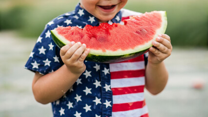 Smiling child holding watermelon slice wearing star and stripe shirt outdoors. Kid celebrating 4th of July, family gathering USA patriotic moment