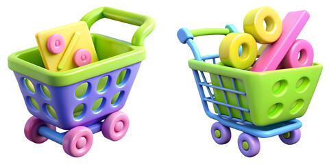 Colorful shopping carts with percentage signs isolated on transparent background