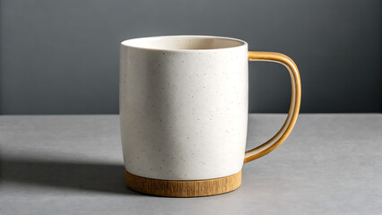 White ceramic mug with a wooden base and handle sits on a gray table