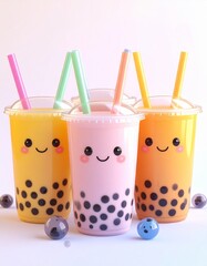 3D kawaii bubble tea drinks with smiling cups