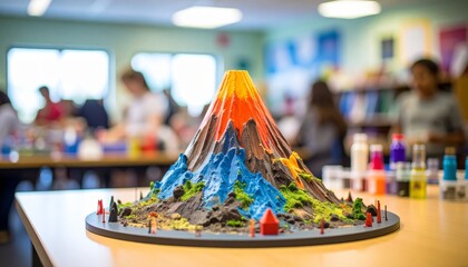 A colorful model volcano erupts on a table, with students and science equipment visible in the background.