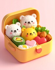Toon-style 3D render of a kawaii bento box with rice bears