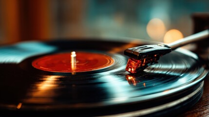 An artistic close-up of a vinyl record player with a stylus positioned on a spinning record, conveying a sense of nostalgia and appreciation for classic music aesthetics.