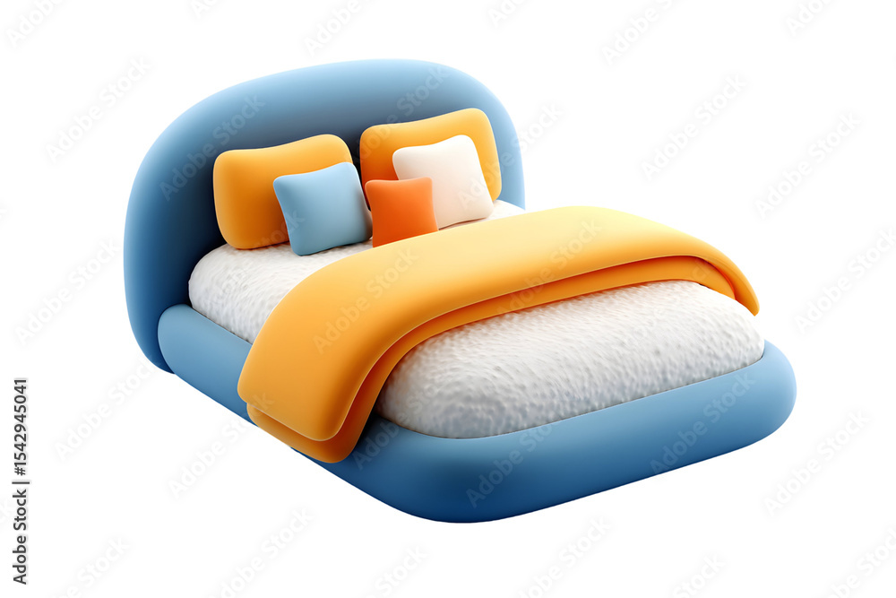 Poster stylized 3d rendering of a comfortable bed with pillows and a blanket on a transparent background