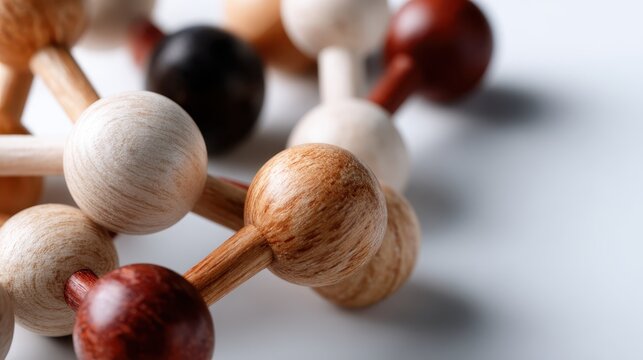 An intricate close-up view of a colorful wooden molecular model, highlighting the beauty of scientific structures through a vibrant and artistic lens, ideal for educational purposes.