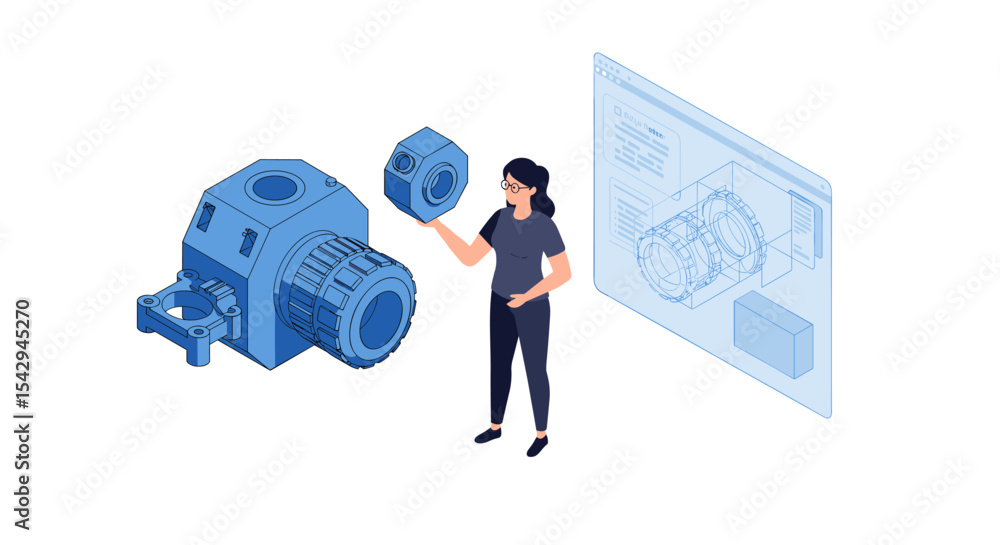 Poster engineering design concept with 3d model and blueprint interface vector illustration