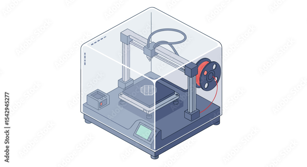 Poster isometric 3d printer with filament spool for innovative design and prototyping vector illustration