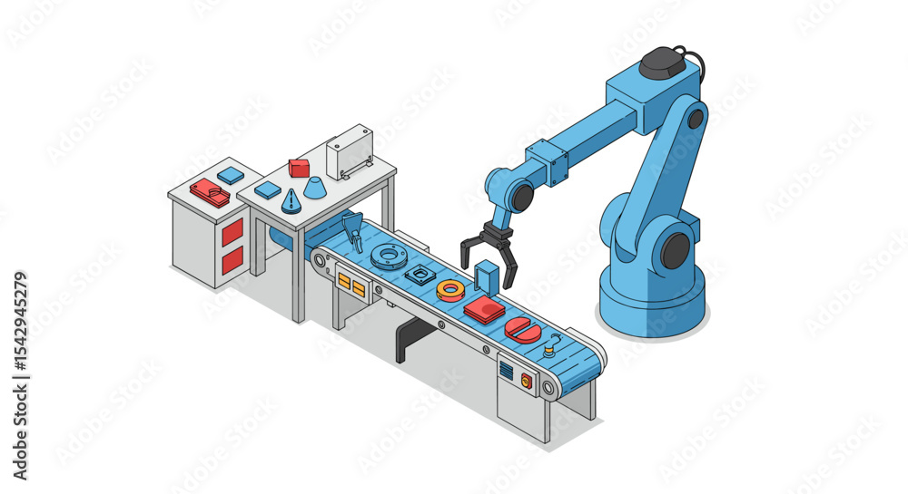 Poster automated factory production line with robot arm and conveyor belt for manufacturing process vector 