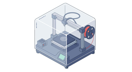 Isometric 3d printer with filament spool for innovative design and prototyping vector illustration