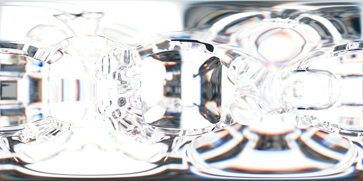 Bright 3D abstract scene of transparent crystalline forms with intense reflections and light diffusion. The clean, futuristic tunnel environment is filled with soft rainbow highlights and glassy geome